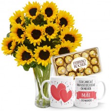 AV03-Arranjo no Vaso  G com 12 girassóis+Chocolate 12un+1Caneca Exclusiva melhor Mãe