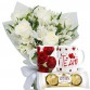 MB34-Mini Buquê com 6 Rosas Brancas e Astromélias Branca+Chocolate 3un+Caneca "Te Amo"