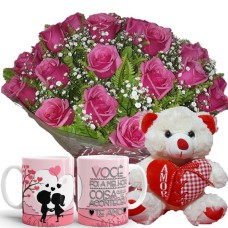 BPCN11-BUQUE COM 12 ROSAS PINK+URSO 15cm CORAÇÃO "AMOR"+CANECA "VOCE FOI A MELHOR COISA"