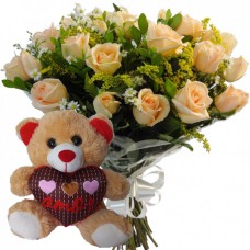 BP15-Buquê 12 Rosas Chá+Urso Coração Amor 15cm