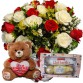 BPC23-Buquê 12 Rosas Vermelhas e Brancas+Urso Pelúcia "Eu te amo" 30cm+Chocolate 6un (Rafaello e Ferrero)