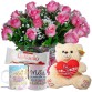 BPCC18-Buquê com 12 Rosas cor Rosa+Urso Pelúcia 30cm "Eu te amo"+Chocolate Rafaello 3un+1Caneca "Mãe Rainha"