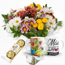 MB69-Mini buquê com Flores Campestres+1Caneca Mãe como é Grande...+Chocolate 3un