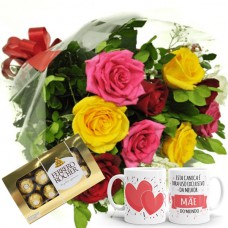 BCC07-BUQUÊ COM 12 ROSAS COLORIDAS+CANECA EXCLUSIVA DA MELHOR MÃE+CHOCOLATE 8UN