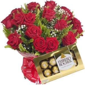 Buquê 12 Rosas Vermelhas+Chocolate 8un