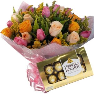 Buquê 12 Rosas Chá, Amarelas e Rosas+Chocolate 8un