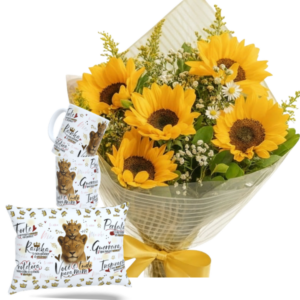 Mini buquê com 5 Girassóis+Caneca Mães+Almofada 30cm