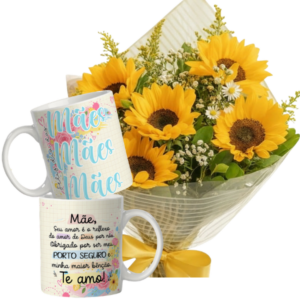Mini buquê com 5 Girassóis+Caneca Mães(1un)
