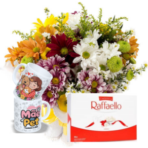 Mini buquê com Flores Campestres+Caneca Mãe Pet 325m+Chocolate Rafaello 9un