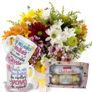 Mini buquê com Flores Campestres+Caneca Avó 325ml+Chocolate 6un