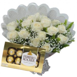 Buquê 12 Rosas Brancas +Chocolate 8un
