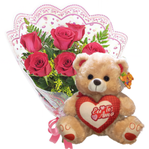 Mini buquê com 6 Rosas Vermelhas+Urso 30cm "Eu te Amo"