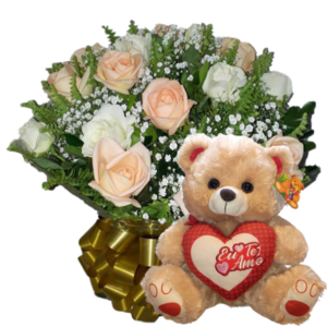 Buquê 12 Rosas Chá e Branca+Urso 30cm "Eu te Amo"