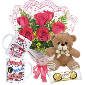 Mini Buquê com 6 Rosas Vermelhas+1Caneca 325ml+Chocolate 3un+Urso Pelúcia com Laço 18cm