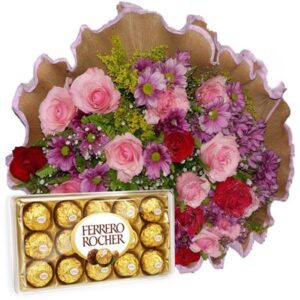 Buquê de 12 Rosas Vermelhas e Rosa e Margaridas+Chocolate 12un