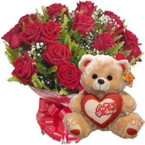 Buquê 12 Rosas Vermelhas+Urso 30cm "Eu te Amo"