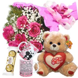 Mini buquê com 6 Rosas Pink+Urso 30cm "Eu te Amo"+1Caneca "Você Foi a melhor coisa..."+Chocolate 3un