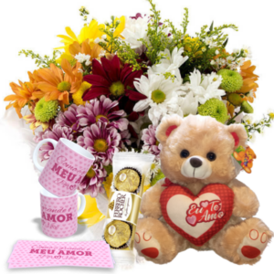 Mini buquê com Flores Campestres+Urso 30cm "Eu te Amo"+1Caneca(Rosa) "Como é grande o meu amor..."+Chocolate 3un