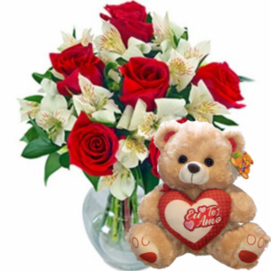 Arranjo no Vaso P com 6 Rosas Vermelhas e Astromélias Brancas+Urso 30cm "Eu te Amo"