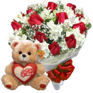 Buquê com 12 Rosas Vermelhas e Astromélias Brancas+ Urso 30cm "Eu te Amo"