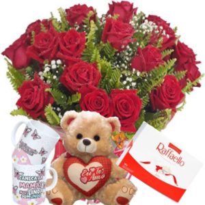 Buquê com 12 Rosas Vermelhas+Urso 30cm "Eu te Amo"+Caneca Mãe (1un)+Chocolate Rafaello 9un