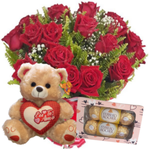 Buquê 12 Rosas Vermelhas+Urso Pelúcia "Eu te amo" 30cm+Chocolate Ferrero Rocher 6un