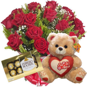 Buquê com 12 rosas Vermelhas+Chocolate 8un+Urso 30cm "Eu te Amo"