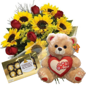 Buquê com 8 rosas vermelhas e 8 girassóis+Chocolate 8un+Urso 30cm "Eu te Amo"