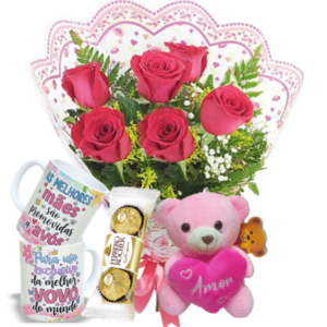 Mini Buquê com 6 Rosas Vermelhas+Caneca Avó 325ml+Choc. Ferrero Rocher 3un+Chaveiro de Pelúcia