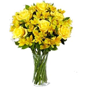 Arranjo no vaso P com 6 Rosas Amarelas e Astromélias Amarelas
