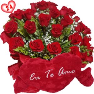 Buquê 24 rosas vermelhas+Coração Pelúcia "Eu Te Amo" Tam G