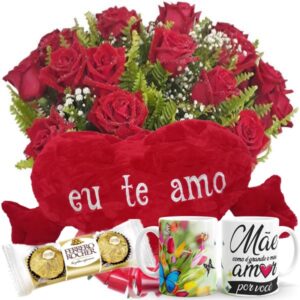 Buquê 12 Rosas Vermelhas+Chocolate 3un+Coração Pelúcia "Eu Te Amo" 62x34+Caneca "Mãe Como é Grande o meu amor"
