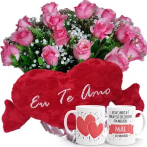 Buque com 12 rosas cor Rosa+Coração Pelúcia "Eu Te Amo" 62x34+ 1Caneca Exclusiva da Melhor Mãe