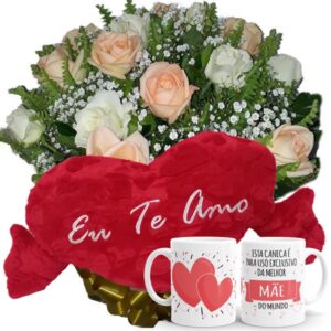 Buque com 12 Rosas Chá e Branca+Coração Grande "Eu Te Amo" 62x34+1Caneca "Exclusiva da Melhor Mãe"