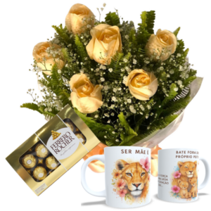 Mini buquê com 6 Rosas chá+Caneca Mãe+Chocolate 8un