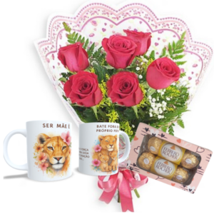 Mini Buquê com 6 Rosas Vermelhas+ Caneca Mãe+Chocolate 6un