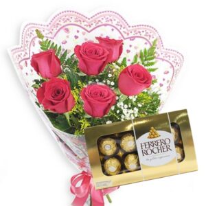 Mini Buquê 6 Rosas Vermelhas + Chocolate 8un