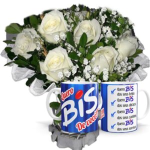 Mini Buquê com 6 Rosas Brancas+1Caneca BIS