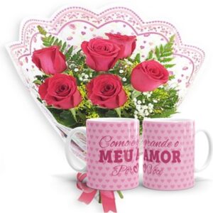 Mini Buquê com 6 Vermelha+1Caneca Rosa "Como é grande o meu amor por você"