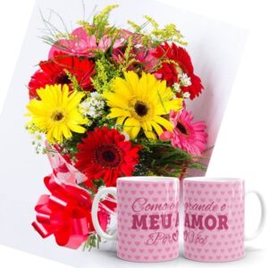 Mini Buquê com 6 Gerberas Coloridas+1Caneca Plastico 330ml "Como é grande o meu amor"