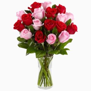 Arranjo no Vaso G com 24 Rosas Vermelhas e Rosas cor Rosa