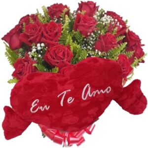 Buquê 12 Rosas Vermelhas+Coração Pelúcia "Eu Te Amo" Tam G