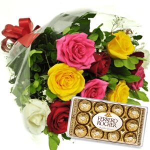 Buquê 12 Rosas Coloridas+Chocolate 12un