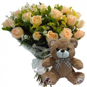 Buquê com 12 Rosas Chá+Urso com Laço 25cm