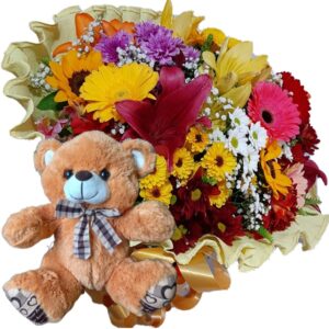 Buquê com Flores do Campo Nobre+Urso com Laço 25cm