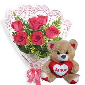Mini Buquê com 6 Rosas Vermelhas+Urso Coração Amor 20cm