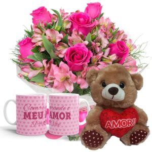Mini Buquê com 6 Rosas Pink e Astromélias Rosa+Urso Coração Amor 20cm+Caneca "Como e grande..."