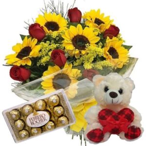 Buquê com 8 Rosas e 8 Girassóis+Chocolate 12un+Urso Coração com Laço 20cm