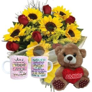 Buquê com 8 Rosas e 8 Girassóis+Urso Coração Amor 20cm+1Caneca Mulher