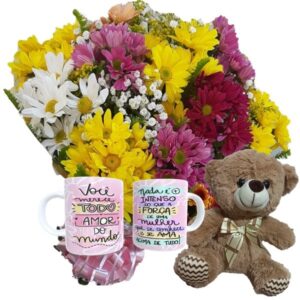 Buquê com Flores Campestres+Caneca Mulher+Urso com Laço 25cm